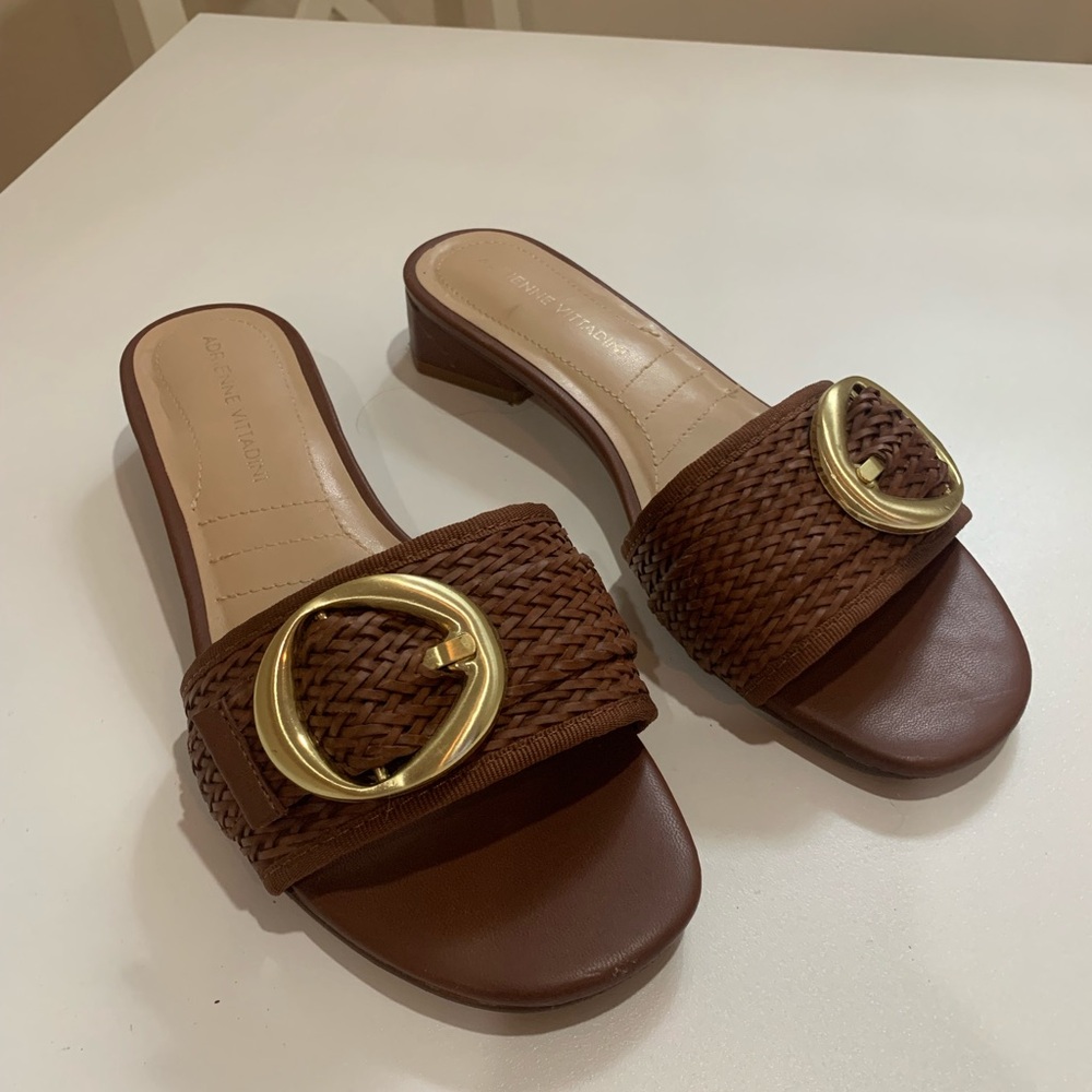 Adrienne Vittadini Brown Slide Sandals with Gold Accent
